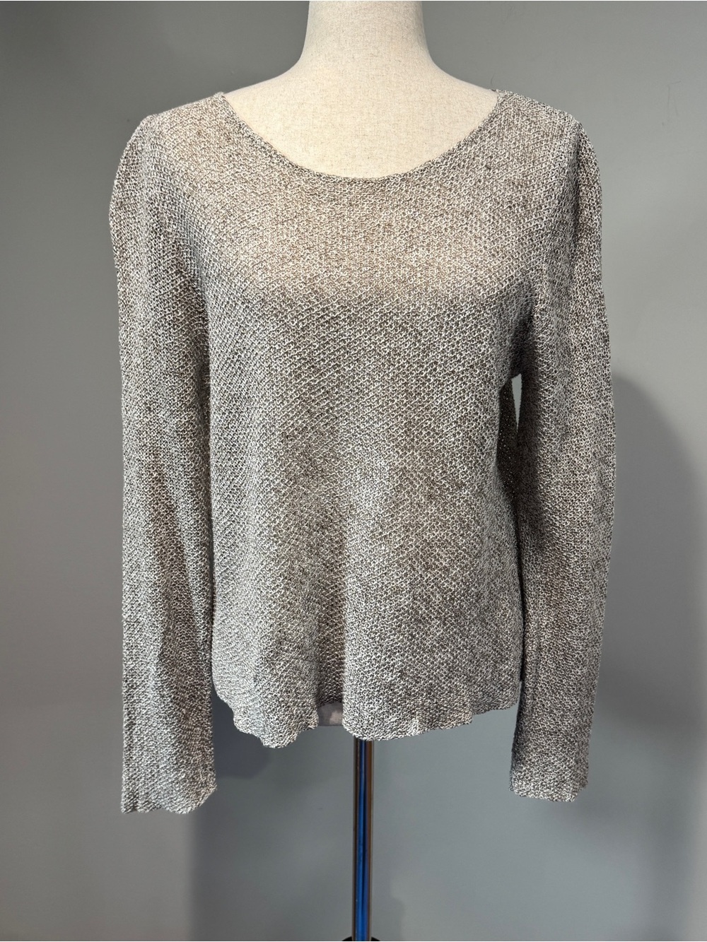 Eileen Fisher Beige Open Knit Pullover Sweater 100% Linen Coastal Minimalist PL